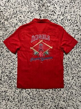 Tommy Bahama Angels Embroidered Back 100% Silk Shirt Red Single Pocket Small